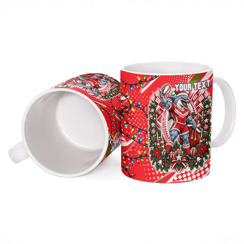 Personalized Dolphins Rugby Christmas Ceramic Mug Holiday Mascot Graphic Art Festive Lights Bow