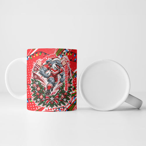 Personalized Dolphins Rugby Christmas Ceramic Mug Holiday Mascot Graphic Art Festive Lights Bow
