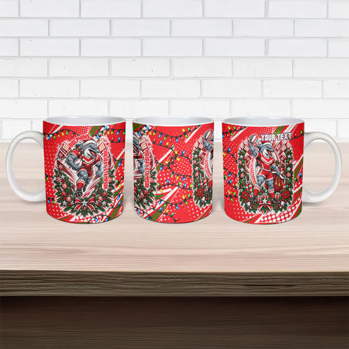 Personalized Dolphins Rugby Christmas Ceramic Mug Holiday Mascot Graphic Art Festive Lights Bow