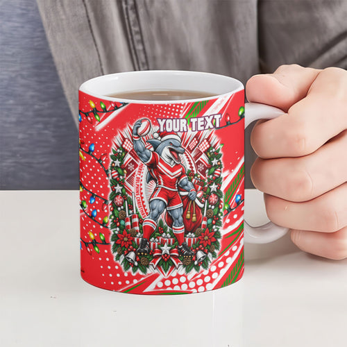 Personalized Dolphins Rugby Christmas Ceramic Mug Holiday Mascot Graphic Art Festive Lights Bow