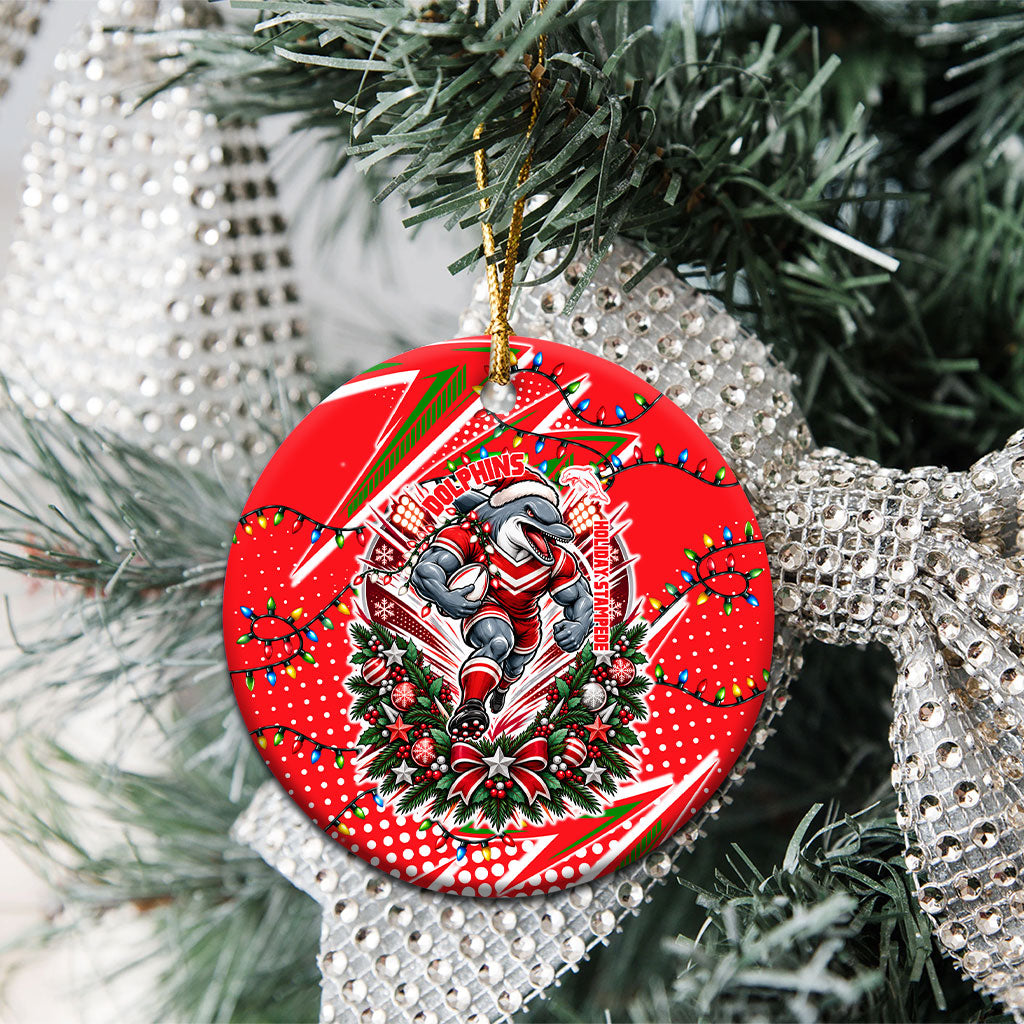 Dolphins Rugby Christmas Ceramic Ornament Holiday Mascot Graphic Art Festive Lights Bow