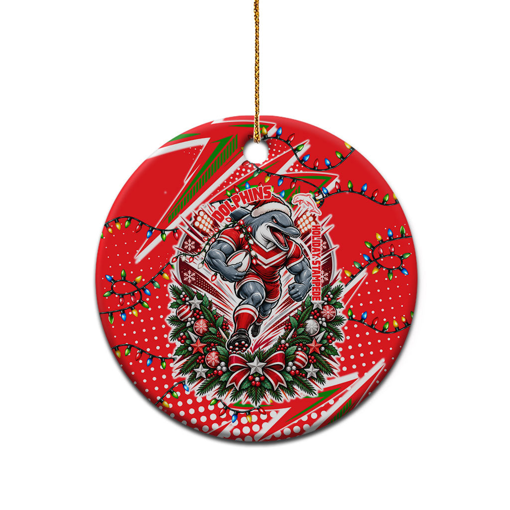 Dolphins Rugby Christmas Ceramic Ornament Holiday Mascot Graphic Art Festive Lights Bow