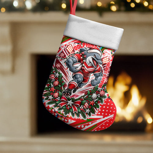 Dolphins Rugby Christmas Stocking Holiday Mascot Graphic Art Festive Lights Bow