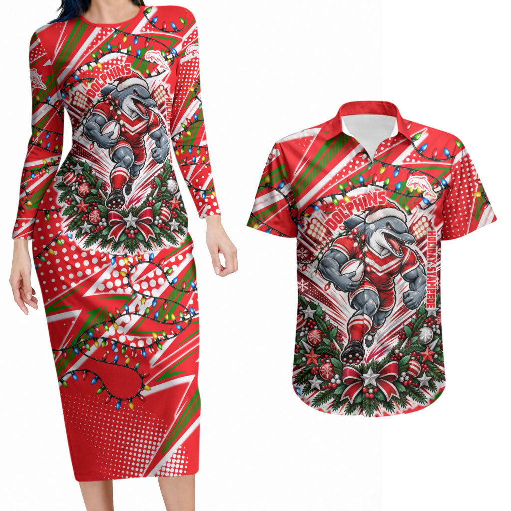 Personalized Dolphins Rugby Christmas Couples Matching Long Sleeve Bodycon Dress and Hawaiian Shirt Holiday Mascot Graphic Art Festive Lights Bow
