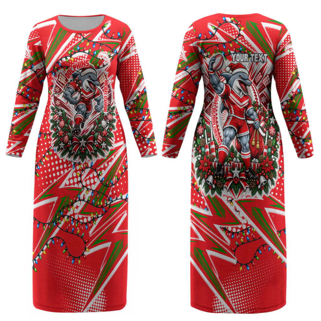 Personalized Dolphins Rugby Christmas Couples Matching Long Sleeve Bodycon Dress and Hawaiian Shirt Holiday Mascot Graphic Art Festive Lights Bow