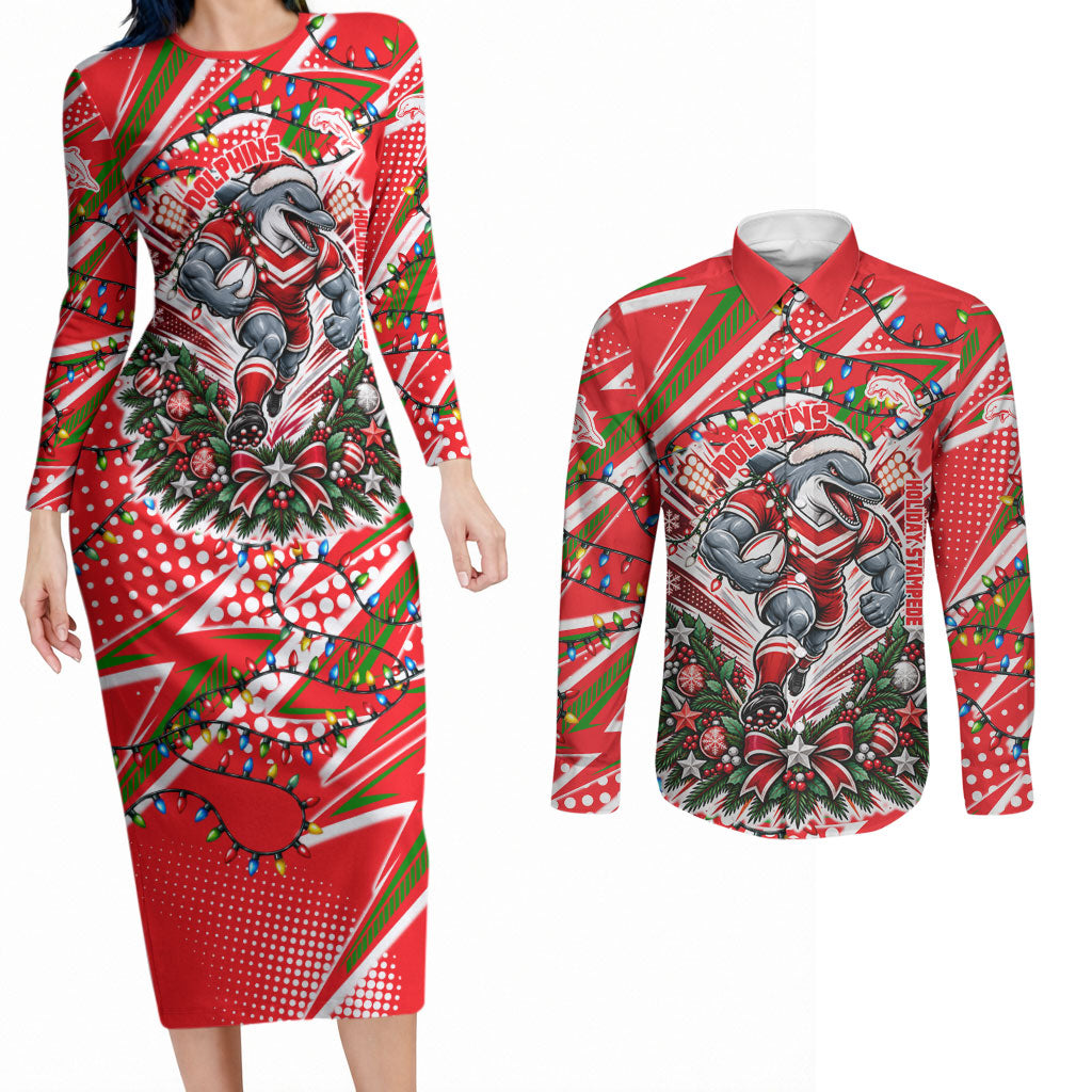 Personalized Dolphins Rugby Christmas Couples Matching Long Sleeve Bodycon Dress and Long Sleeve Button Shirt Holiday Mascot Graphic Art Festive Lights Bow