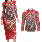 Personalized Dolphins Rugby Christmas Couples Matching Long Sleeve Bodycon Dress and Long Sleeve Button Shirt Holiday Mascot Graphic Art Festive Lights Bow