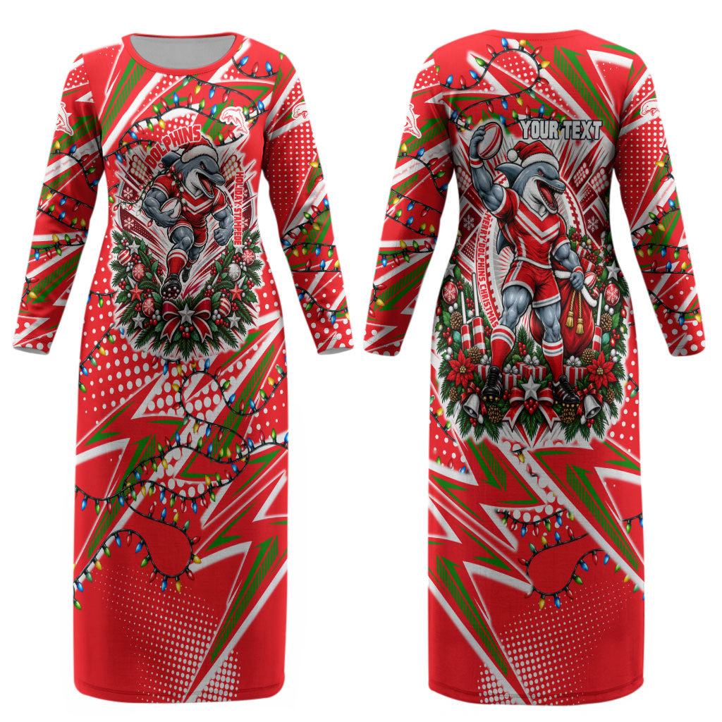Personalized Dolphins Rugby Christmas Couples Matching Long Sleeve Bodycon Dress and Long Sleeve Button Shirt Holiday Mascot Graphic Art Festive Lights Bow