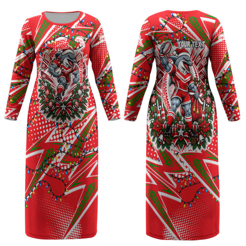 Personalized Dolphins Rugby Christmas Couples Matching Long Sleeve Bodycon Dress and Long Sleeve Button Shirt Holiday Mascot Graphic Art Festive Lights Bow