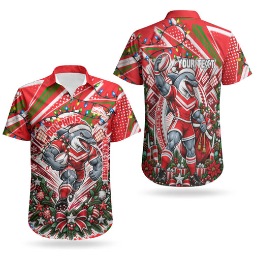 Personalized Dolphins Rugby Christmas Couples Matching Mermaid Dress and Hawaiian Shirt Holiday Mascot Graphic Art Festive Lights Bow