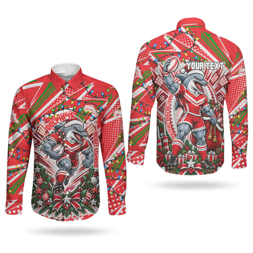 Personalized Dolphins Rugby Christmas Couples Matching Mermaid Dress and Long Sleeve Button Shirt Holiday Mascot Graphic Art Festive Lights Bow
