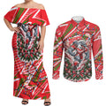 Personalized Dolphins Rugby Christmas Couples Matching Off Shoulder Maxi Dress and Long Sleeve Button Shirt Holiday Mascot Graphic Art Festive Lights Bow