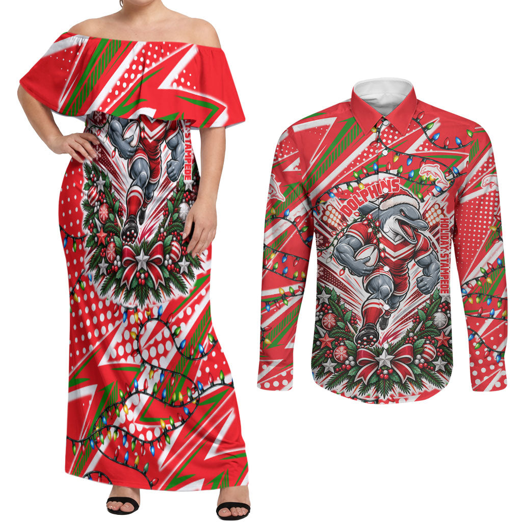 Personalized Dolphins Rugby Christmas Couples Matching Off Shoulder Maxi Dress and Long Sleeve Button Shirt Holiday Mascot Graphic Art Festive Lights Bow