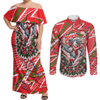 Personalized Dolphins Rugby Christmas Couples Matching Off Shoulder Maxi Dress and Long Sleeve Button Shirt Holiday Mascot Graphic Art Festive Lights Bow