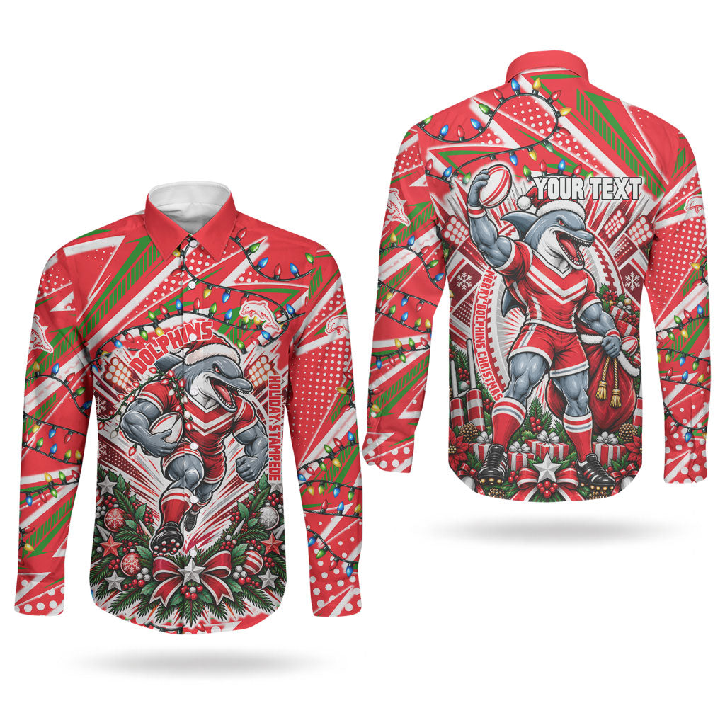 Personalized Dolphins Rugby Christmas Couples Matching Off Shoulder Maxi Dress and Long Sleeve Button Shirt Holiday Mascot Graphic Art Festive Lights Bow