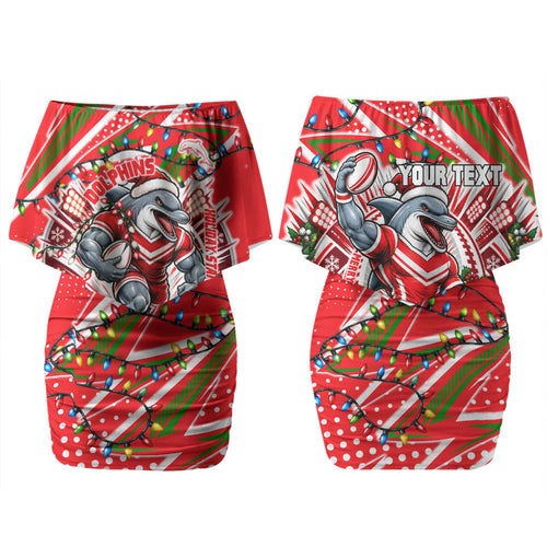 Personalized Dolphins Rugby Christmas Couples Matching Off Shoulder Short Dress and Hawaiian Shirt Holiday Mascot Graphic Art Festive Lights Bow