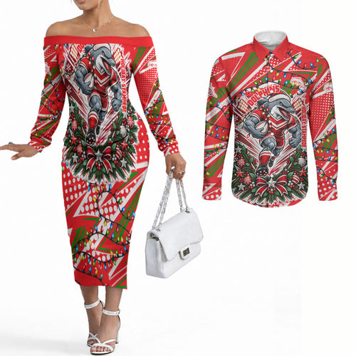 Personalized Dolphins Rugby Christmas Couples Matching Off The Shoulder Long Sleeve Dress and Long Sleeve Button Shirt Holiday Mascot Graphic Art Festive Lights Bow