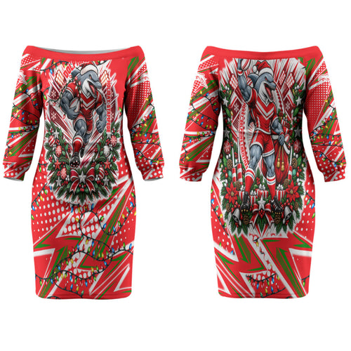 Personalized Dolphins Rugby Christmas Couples Matching Off The Shoulder Long Sleeve Dress and Long Sleeve Button Shirt Holiday Mascot Graphic Art Festive Lights Bow