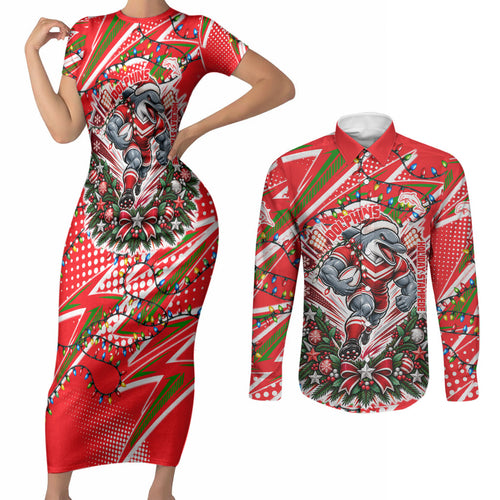 Personalized Dolphins Rugby Christmas Couples Matching Short Sleeve Bodycon Dress and Long Sleeve Button Shirt Holiday Mascot Graphic Art Festive Lights Bow