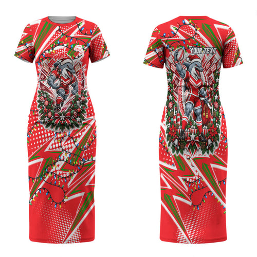 Personalized Dolphins Rugby Christmas Couples Matching Short Sleeve Bodycon Dress and Long Sleeve Button Shirt Holiday Mascot Graphic Art Festive Lights Bow