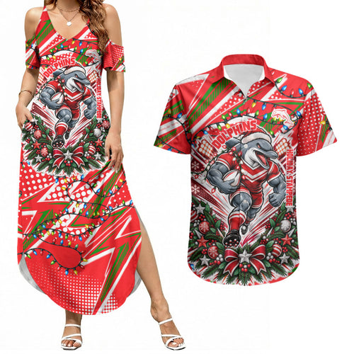 Personalized Dolphins Rugby Christmas Couples Matching Summer Maxi Dress and Hawaiian Shirt Holiday Mascot Graphic Art Festive Lights Bow