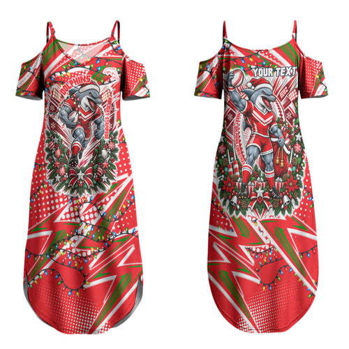 Personalized Dolphins Rugby Christmas Couples Matching Summer Maxi Dress and Hawaiian Shirt Holiday Mascot Graphic Art Festive Lights Bow