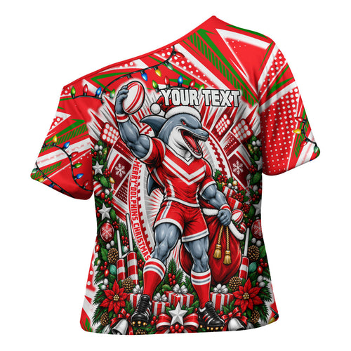 Personalized Dolphins Rugby Christmas Cross Shoulder Shirt Holiday Mascot Graphic Art Festive Lights Bow