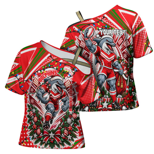 Personalized Dolphins Rugby Christmas Cross Shoulder Shirt Holiday Mascot Graphic Art Festive Lights Bow
