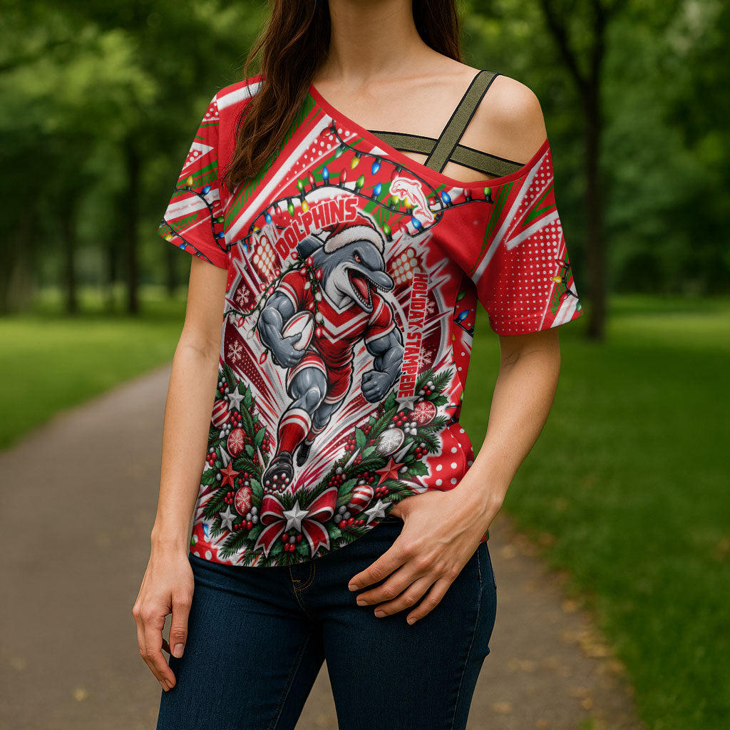 Personalized Dolphins Rugby Christmas Cross Shoulder Shirt Holiday Mascot Graphic Art Festive Lights Bow