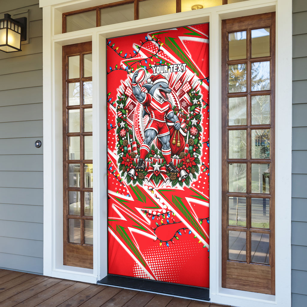 Personalized Dolphins Rugby Christmas Door Cover Holiday Mascot Graphic Art Festive Lights Bow