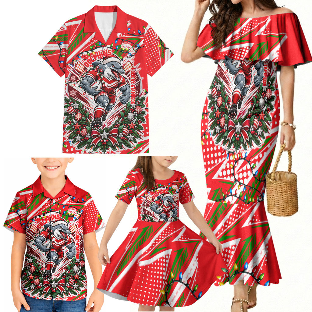 Personalized Dolphins Rugby Christmas Family Matching Mermaid Dress and Hawaiian Shirt Holiday Mascot Graphic Art Festive Lights Bow