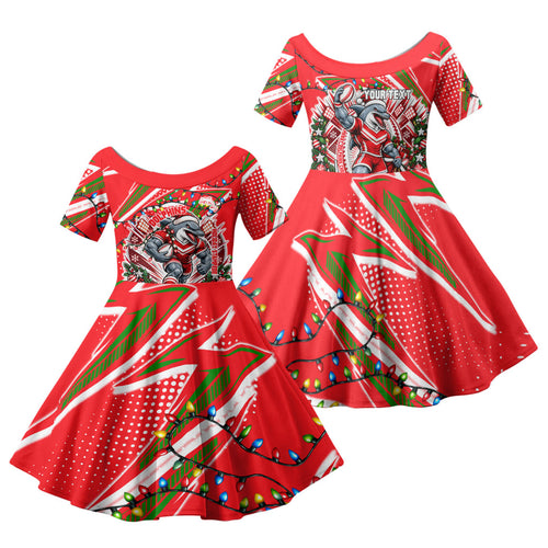 Personalized Dolphins Rugby Christmas Family Matching Mermaid Dress and Hawaiian Shirt Holiday Mascot Graphic Art Festive Lights Bow