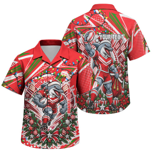 Personalized Dolphins Rugby Christmas Family Matching Mermaid Dress and Hawaiian Shirt Holiday Mascot Graphic Art Festive Lights Bow
