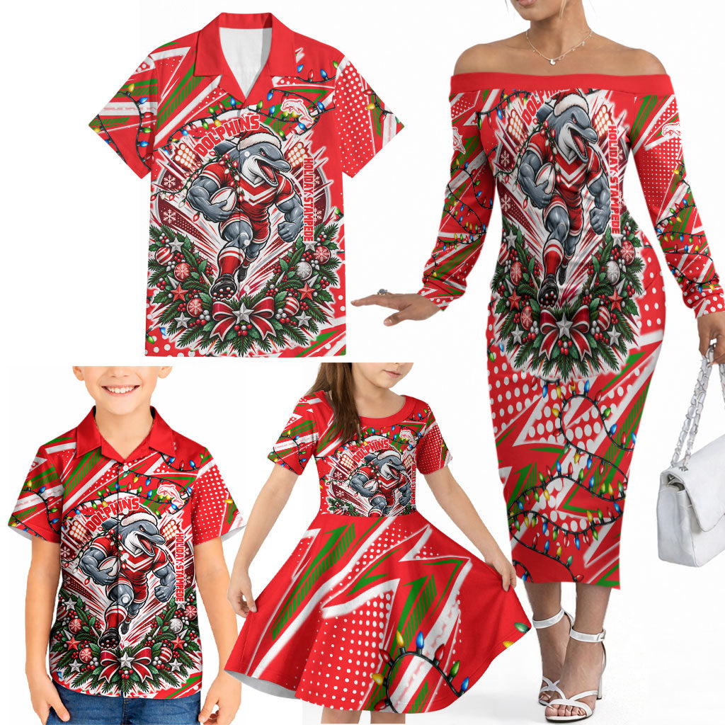 Personalized Dolphins Rugby Christmas Family Matching Off The Shoulder Long Sleeve Dress and Hawaiian Shirt Holiday Mascot Graphic Art Festive Lights Bow