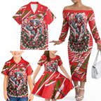 Personalized Dolphins Rugby Christmas Family Matching Off The Shoulder Long Sleeve Dress and Hawaiian Shirt Holiday Mascot Graphic Art Festive Lights Bow