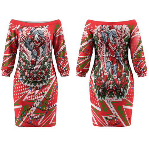 Personalized Dolphins Rugby Christmas Family Matching Off The Shoulder Long Sleeve Dress and Hawaiian Shirt Holiday Mascot Graphic Art Festive Lights Bow