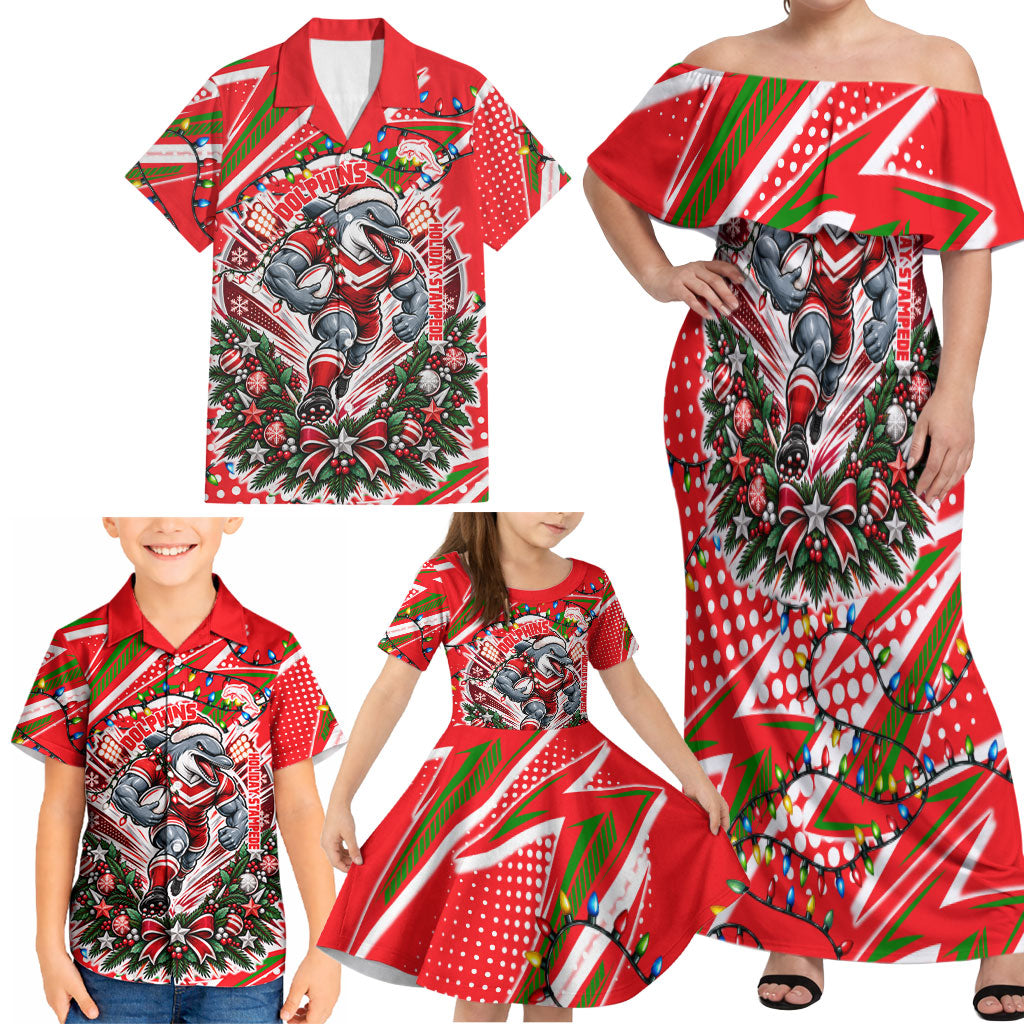 Personalized Dolphins Rugby Christmas Family Matching Off Shoulder Maxi Dress and Hawaiian Shirt Holiday Mascot Graphic Art Festive Lights Bow