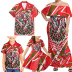Personalized Dolphins Rugby Christmas Family Matching Off Shoulder Maxi Dress and Hawaiian Shirt Holiday Mascot Graphic Art Festive Lights Bow