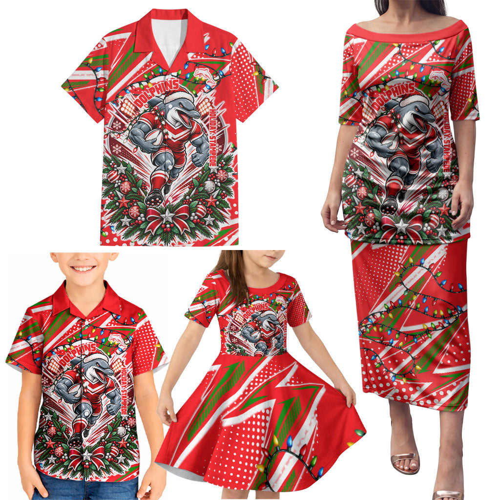 Personalized Dolphins Rugby Christmas Family Matching Puletasi and Hawaiian Shirt Holiday Mascot Graphic Art Festive Lights Bow