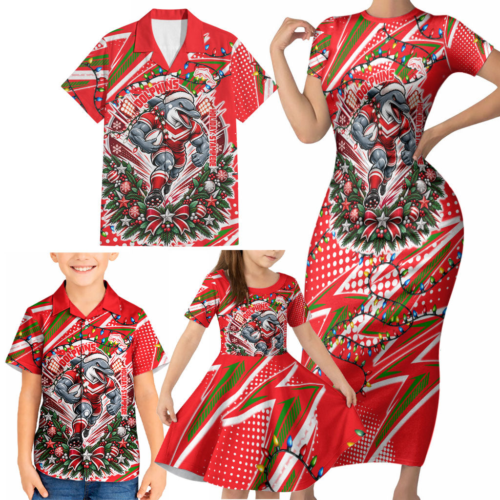 Personalized Dolphins Rugby Christmas Family Matching Short Sleeve Bodycon Dress and Hawaiian Shirt Holiday Mascot Graphic Art Festive Lights Bow