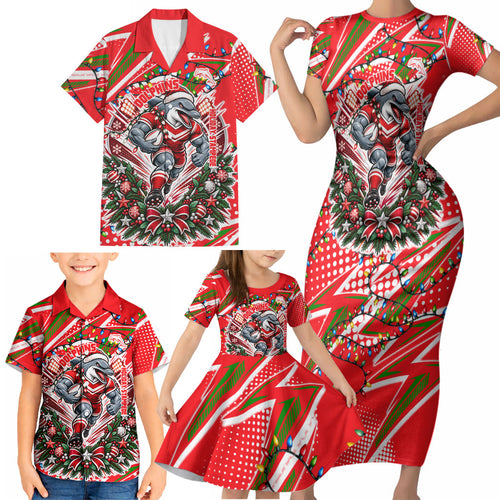 Personalized Dolphins Rugby Christmas Family Matching Short Sleeve Bodycon Dress and Hawaiian Shirt Holiday Mascot Graphic Art Festive Lights Bow