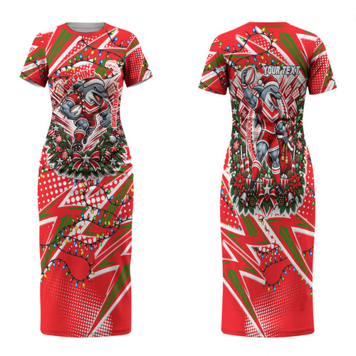 Personalized Dolphins Rugby Christmas Family Matching Short Sleeve Bodycon Dress and Hawaiian Shirt Holiday Mascot Graphic Art Festive Lights Bow