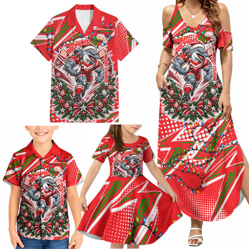 Personalized Dolphins Rugby Christmas Family Matching Summer Maxi Dress and Hawaiian Shirt Holiday Mascot Graphic Art Festive Lights Bow