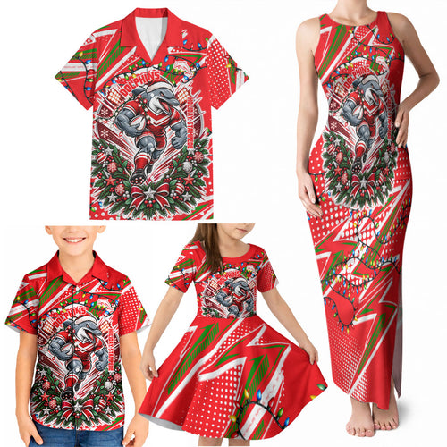 Personalized Dolphins Rugby Christmas Family Matching Tank Maxi Dress and Hawaiian Shirt Holiday Mascot Graphic Art Festive Lights Bow