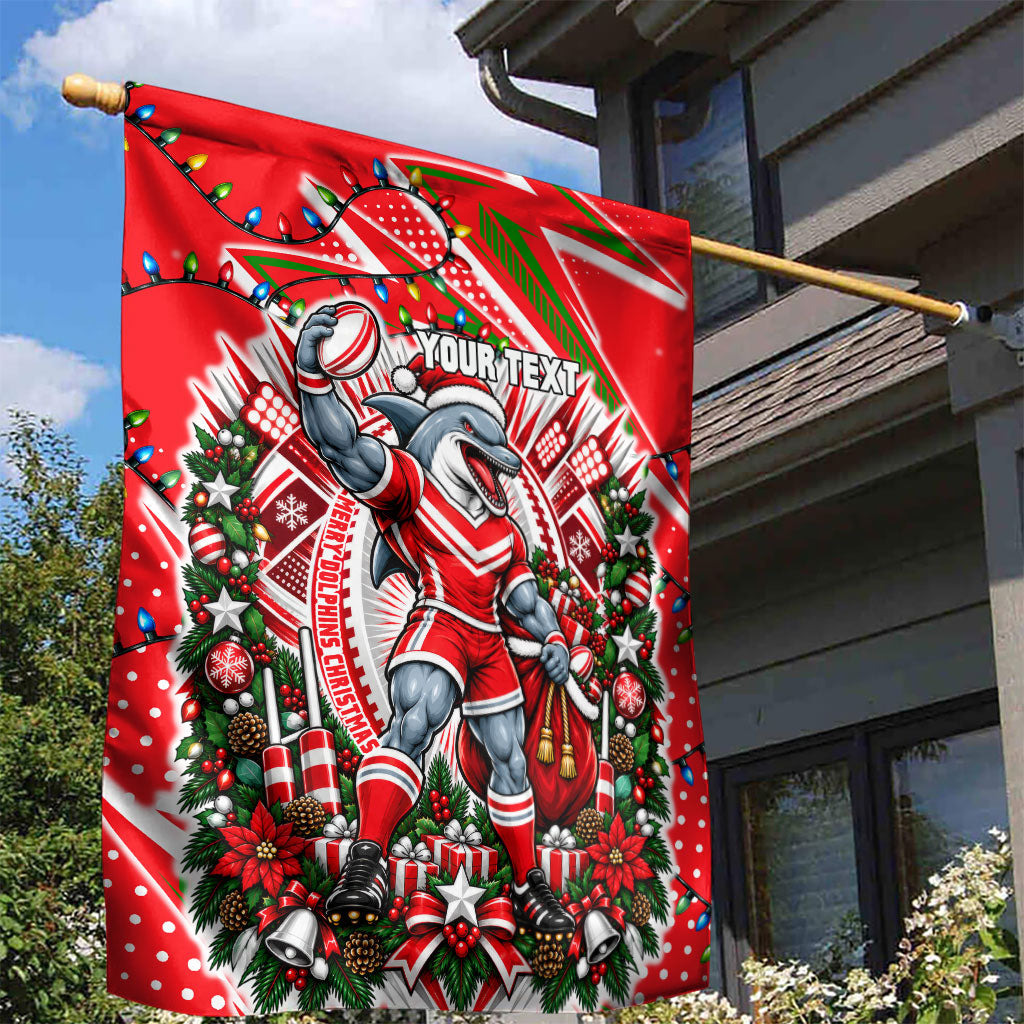 Personalized Dolphins Rugby Christmas Garden Flag Holiday Mascot Graphic Art Festive Lights Bow