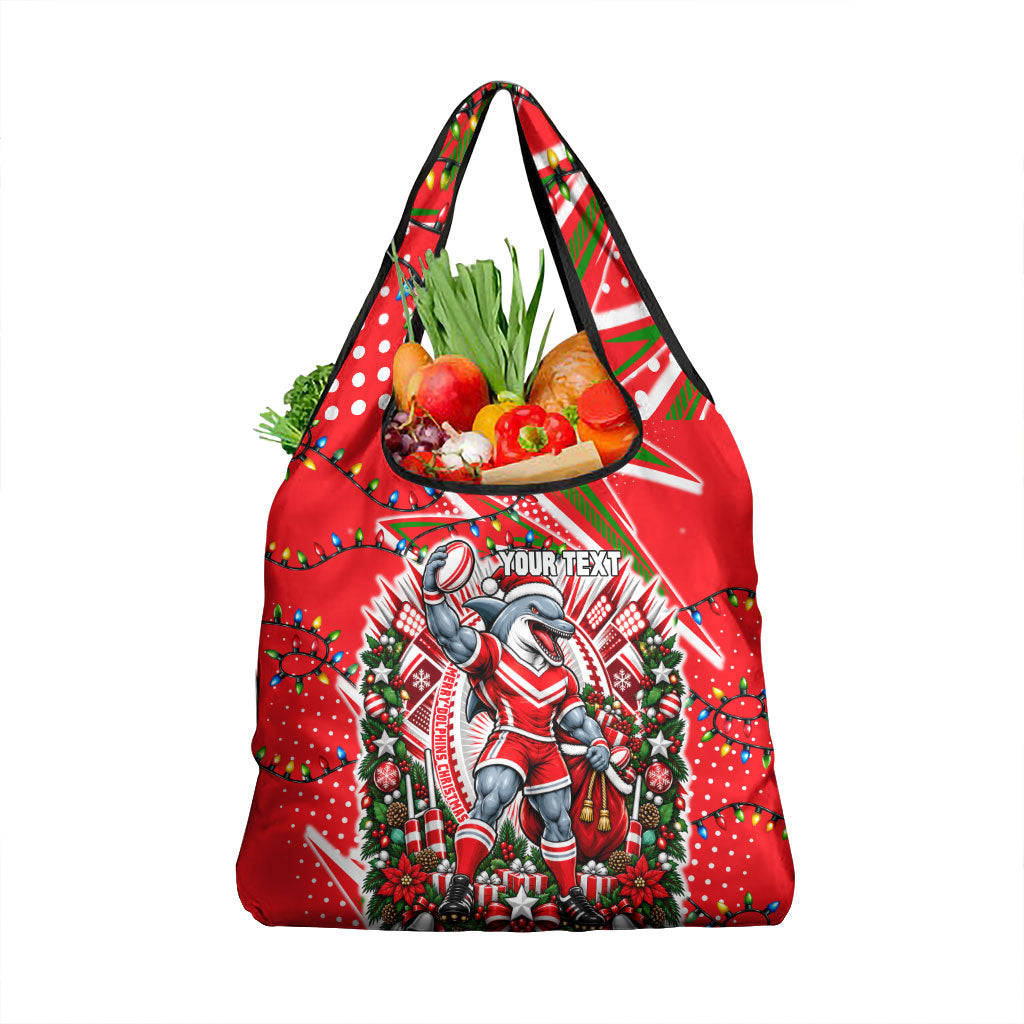 Personalized Dolphins Rugby Christmas Grocery Bag Holiday Mascot Graphic Art Festive Lights Bow