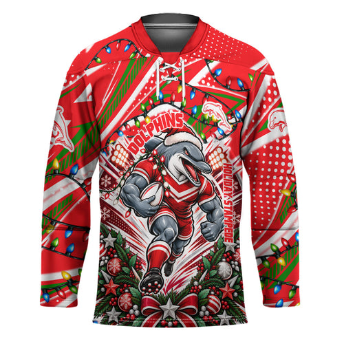 Personalized Dolphins Rugby Christmas Hockey Jersey Holiday Mascot Graphic Art Festive Lights Bow