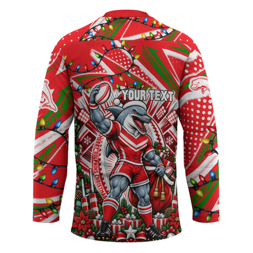 Personalized Dolphins Rugby Christmas Hockey Jersey Holiday Mascot Graphic Art Festive Lights Bow