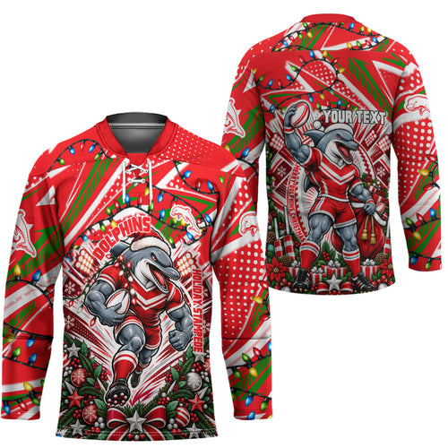 Personalized Dolphins Rugby Christmas Hockey Jersey Holiday Mascot Graphic Art Festive Lights Bow