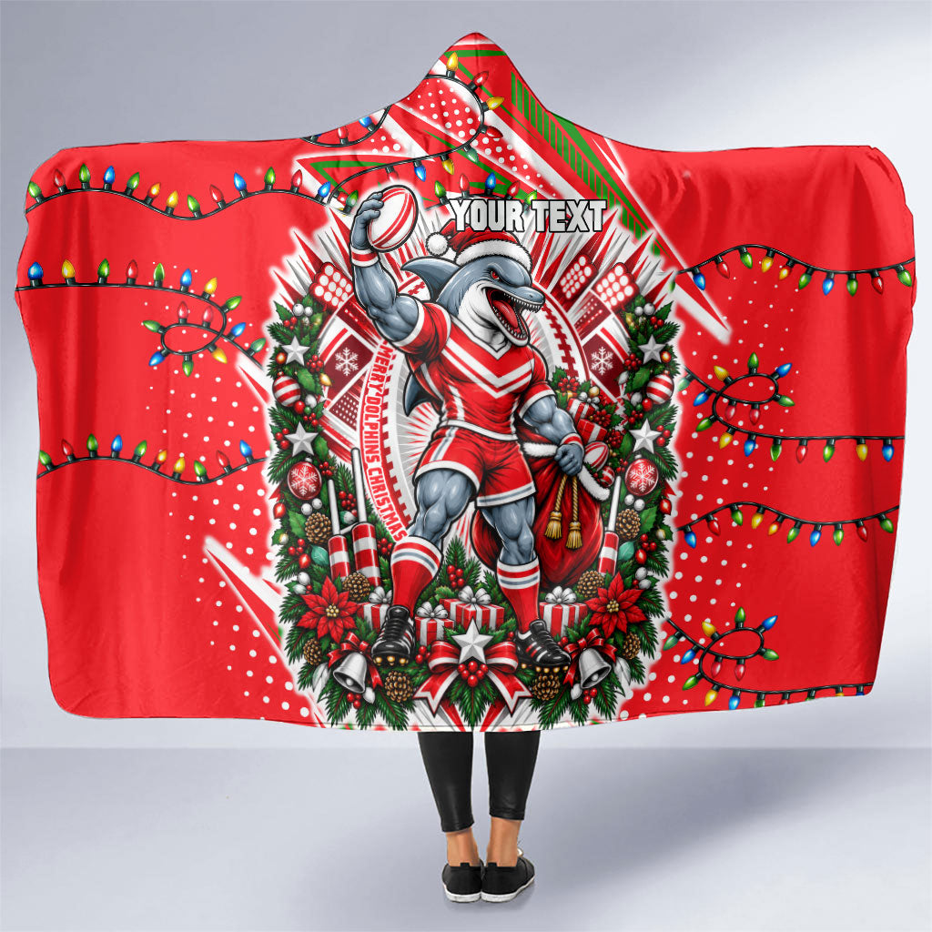 Personalized Dolphins Rugby Christmas Hooded Blanket Holiday Mascot Graphic Art Festive Lights Bow